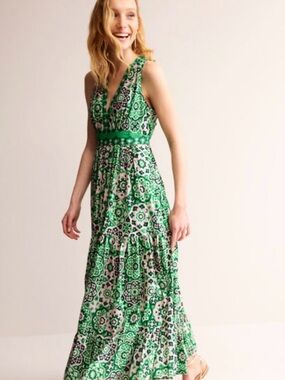 NWT Boden Green Tambourine Cotton Maxi Tie Dress with Gold Details - size 10P